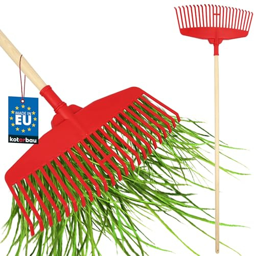 KOTARBAU® Trädgårdskratta - Plast - 48 cm - Trähandtag 150 cm - Extra-Click Funktion - Lövräfsa - Robust Räfsa - Plastkratta Trädgårdsräfsa - För Höstlöv Häckklippning - Röd & Lackerat Trä