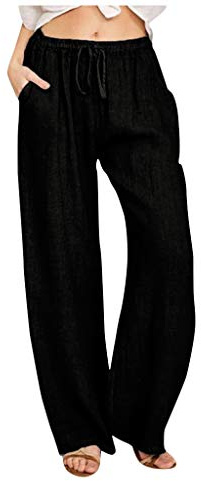 Linen Trousers Linen Trousers Womens Wide Leg Spring Summer Casual Trouser 2026 Fashion Cotton Pants Loose Fit Elasticated Waist Drawstring Lounge Pants with Pockets Black XL