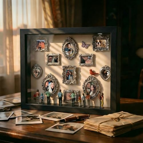 Mini Museo Marco de Fotos Personalizado DIY - Regalos Personalizados para Parejas, Mujer y Hombre, 3D Nuestro Museo de Fotos Caja de Sombra con Mini Marcos Figuras Luz, Regalo Aniversario San Valentín