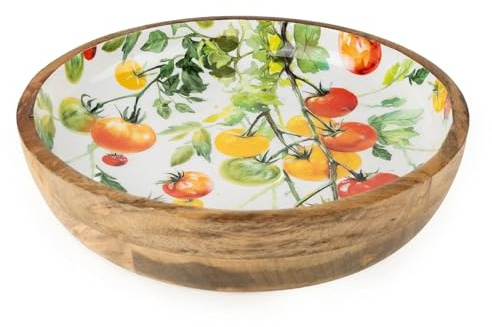 Carousel Home Large Mango Wood Tomato Serving Bowl, 30cm Handcrafted Wooden Salad and Fruit Bowl with Enamel Interior Rustic Mediterranean Kitchenware