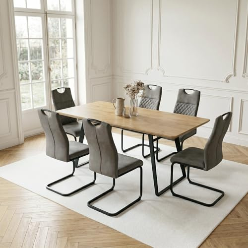 JIEXI Multifunktionales, ausziehbares Esstisch- und Stuhlset (130–170 cm), Tischbeine aus schwarzem Metall, Set für 6 Personen