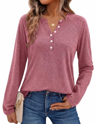 Demegimi T Shirt Manches Longues Femme Col V Henley Haut Casual Ample