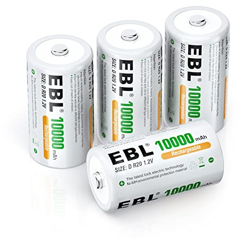 EBL 4 x Batterie D Ricaricabili 10000mAh Alta Capacità 1.2V Ni-MH, HR20 Pile Ricaricabili Auto-Scarica Bassa