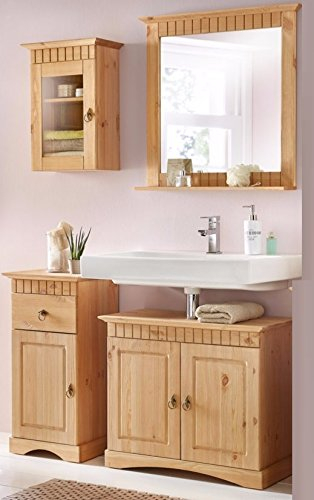 Badmöbel-Set 4-teilig aus massivem Kiefernholz – Moderner Landhausstil, mit Waschbeckenunterschrank, Unterschrank, Spiegel & Hängeschrank – robuste Qualität, sichtbare Holzmaserung (gelaugt/geölt)