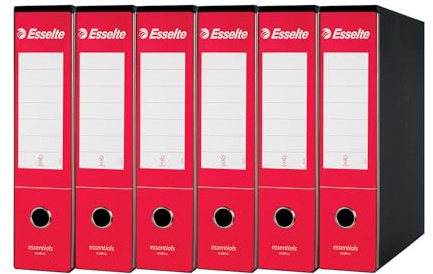 Esselte ESSENTIALS G75 Registratore con Custodia, con Meccanismo a Leva, in Formato Protocollo, 23x33cm, con Dorso da 8 cm, Rosso, Conf.da 6 pezzi, 390775160