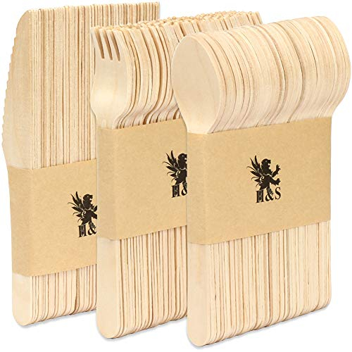 H&S Set di posate 150 pezzi in legno biodegradabile monouso ecologico per feste - 50 forchette, 50 coltelli, 50 cucchiai