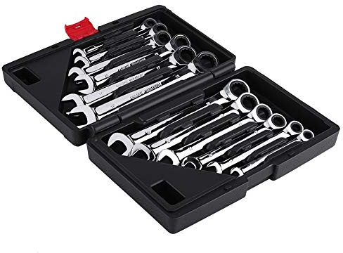 12 Pièces Clés Plates à Cliquet, Cles à Fourches en Acier au Chrome Vanadium 8-19mm, Bricolage Jeu de Clefs Mixtes Outils avec Valise de Rangement pour Réparation de Garage Automobile