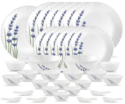 La Opala Novo Collection Opal Glass Crockery | for Family of 6 | Dinner Set 35 pcs English Lavender | Plates & Bowls for Dining | Microwave Safe | 100% Vegetarian | Extra Strong | Light & White
