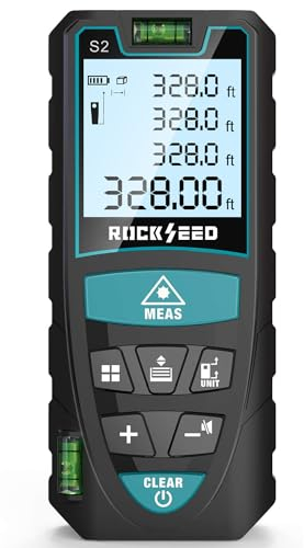 Télémètre Laser 100 m/328ft, Télémètre Laser numérique RockSeed avec 2 Niveaux à Bulle, Télémètre Laser Portable Commutation d' Unité M/in/Ft LCD Rétroéclairé et Mesure de Distance/Surface/Volume