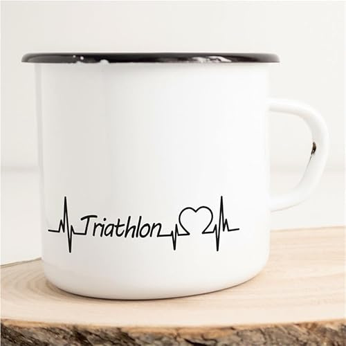 Huuraa Emaille Tasse Triathlon Herzschlag Puls Wettbewerb Sport Liebe 300ml | Geschenk Kaffeebecher Vintage Blech Campingtasse mit Schwarzem Rand Kaffeetasse Geschenkidee
