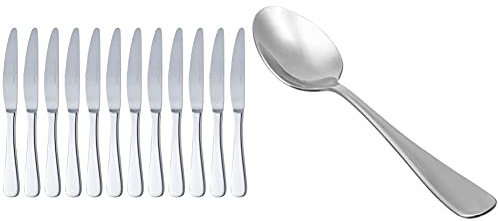 Amazon Basics – Cuchillos de Mesa de Acero Inoxidable con Borde Redondeado, Juego de 12 + Cucharas de Sopa de Acero Inoxidable, con Punta Redonda, Juego de 12