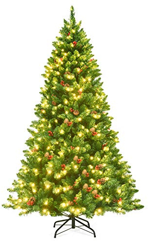 GOPLUS Árbol de Navidad Artificial con Luces LED, Decoración de Piñas & Bayas Rojas, Ramas PVC Ignífugas, Soporte de Metal, Abeto Automático Fácil Montaje (195 cm)