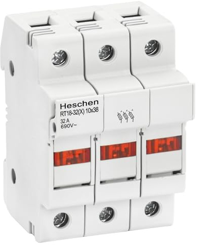 Heschen Zylinderförmiger Sicherungshalter, Sockel RT18-32(x) 32A AC690V, 3P, DIN-Schienenmontage für RT18 RO15 10 x 38mm Sicherung CE UL gelistet