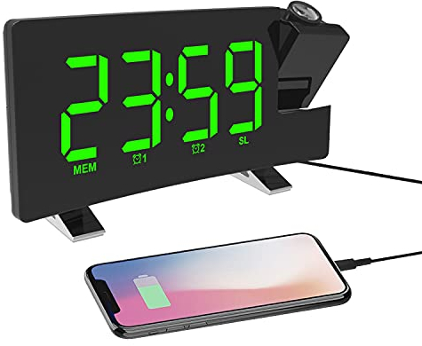ThreeH Projection Alarm Clock LED Screen 4 Adjustable Brightness Digital Radio Clock with USB Phone Charger Alarm Clock with 2 Alarm Snooze Function Green