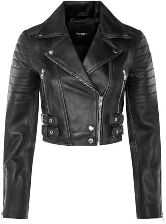 Infinity Leather Veste Courte Pour Dames Noir Body Court Top Gothique Chic Motard Veste en Cuir Véritable M