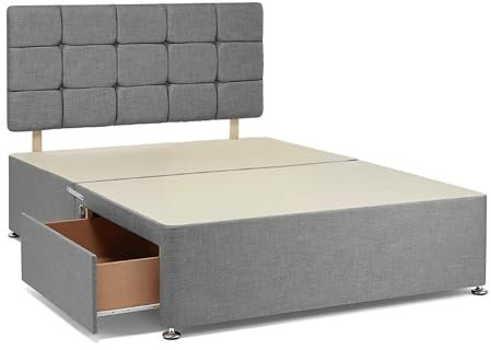 Divan Beds Deals | Grey Chenille Divan Bed Frame with 20” Cube Headboard | 4FT6” Double Bed Frame with 2 Spacious Storage Drawers for Extra Space