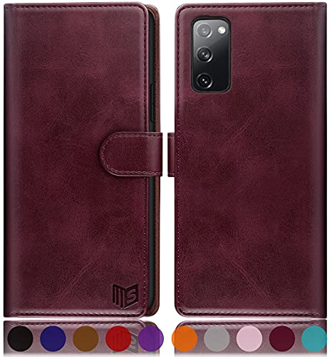SUANPOT [RFID Schutz für Samsung Galaxy S20 FE hülle PU Leder handyhülle Lederhülle klapphülle Kartenfach Flip Phone Case Cover für Samsung S20 FE Handy hülle Phone case Cover Rotwein