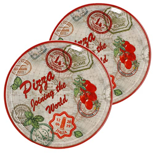 MamboCat Set di 2 piatti per pizza Roma, rosso, Ø 33 cm, piatti con motivi, piatti antipasti per antipasti o mozzarella di pomodoro, piatti in porcellana colorata per pizza e pasta & Co