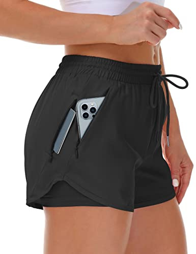 Mancreda Women's Running Shorts with Liner 3 Zipper Pockets for Workout(BK,XXL) Black