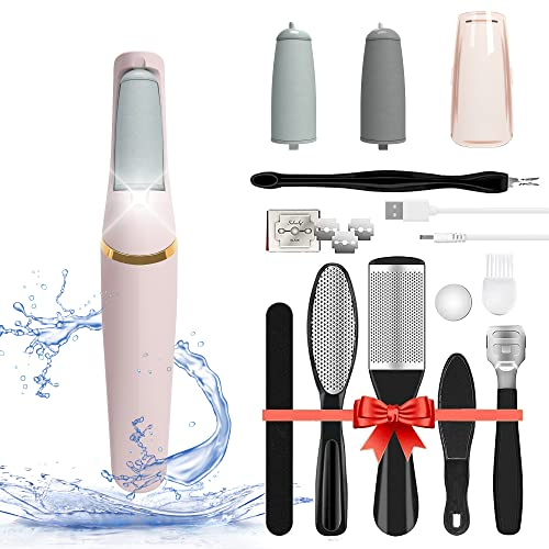 Foot File,Dongxw Electric Callus Remover USB Rechargeable Waterproof Hard Skin with 2 Rollers LED Light,8 in 1 Scraper Care Gift Kit for Cracked Heels Calluses Dead