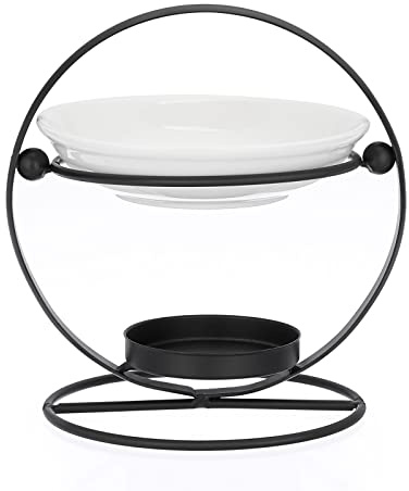 BSTKEY Metal Wax Melt Burner & Essential Oil Aroma Diffuser with Ceramic Dish, Decorative Home Centerpiece for Tea Light Candle (Black)