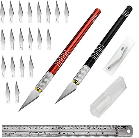 KEWAYO Set 2 Coltelli Artigianali Hobby con 20 Lame in Acciaio Inossidabile, 1 Righello Acciaio 20 CM per Arte, Scrapbooking, Stencil