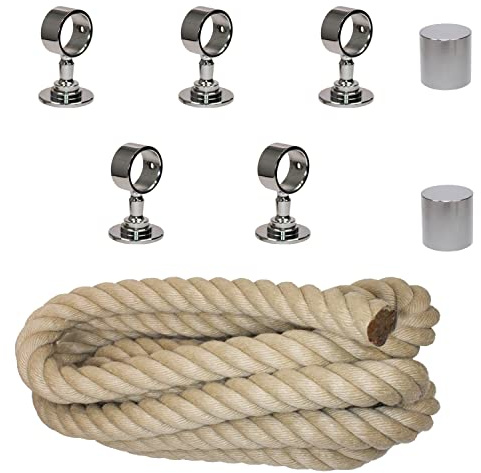 Handlaufseil-Set Ø 30 mm – 5 m Polyhanf-Seil „Nature Touch“ naturfarben mit 2 Endkappen & 5 Seilträger, verchromt | Treppe & Geländer