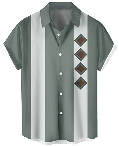 Herrskjortor i vintagestil, avslappnad, kortärmad, med knapprad, kontrasterande sommarskjortor, färgblock, kubanska skjortor, Geometrisk salvia, XXL