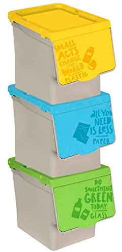 ACAN Tradineur Lot de 3 poubelles empilables en polypropylène pour rangement des déchets, ouverture facile, recyclage (papier, plastique et verre, 27 litres, 31,5 x 29,5 x 39,5 cm)
