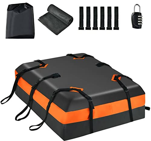 TANGZON 15 Cubic Feet Car Roof Bag, 424L Waterproof Rooftop Cargo Carrier Bag with Straps, Door Hooks and Non-Slip Mat, Roof Top Luggage Storage for Cars with or without Rack, Black and Orange
