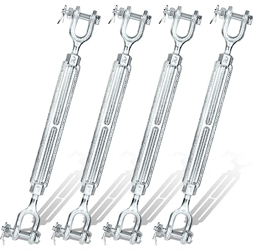 Pelopy 4 Pack Jaw and Jaw Turnbuckle 3/8 x 6 Inch Stainless Steel Turnbuckle M10 Hot Dipped Galvanized Steel Turnbuckle Heavy Duty 1200 lbs Working Load Limit Turnbuckle Hook for Wire Rope Cables
