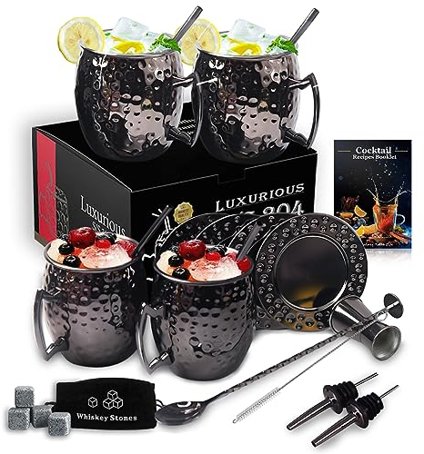 FAUHAL svarta moskva mule koppar set med 4, stora 510 g, rostfritt stål mule muggar, presentset mule kopp med handtag, kopparkoppar för att dricka, perfekt för kalla drycker, öl, vin, barer, fester,