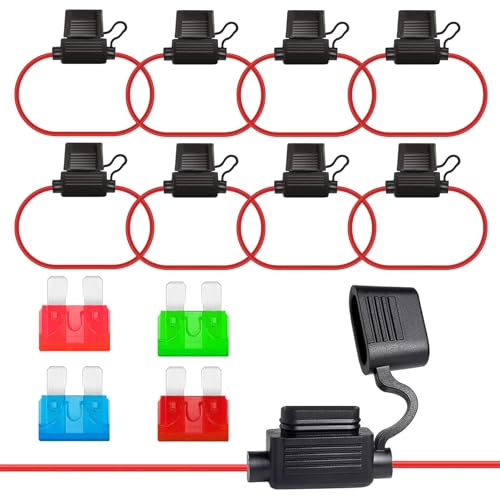 ALLECIN 8 Stück 16AWG KFZ Sicherungshalter Draht Flachsicherungshalter Inline 32V Sicherung Halter Flachsicherung Wasserdicht Fuse Holder mit 10A 15A 30A 40A Standard Flachsicherungen für Auto LKW
