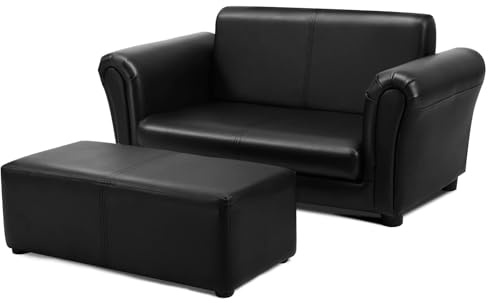 INFANS 2 Seat Children Sofa with Footstool, Sturdy Wood Construction, Armrest Couch for Preschool Kids, Kid Couch Lounge Bed with Ottoman