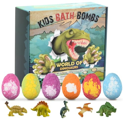 Bezavea 6 Pack Bath Bombs for Kids with Surprise Dinosaurs Toys Inside, Handmade Large Bath Bombs Gift Set, Natural Essential Oil SPA Bath Fizzies Set, Christmas Birthday Gifts for Boys Girls