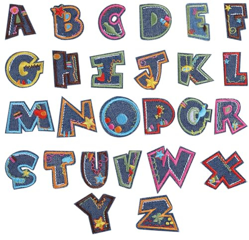 GORGECRAFT 26Stk Alphabet-Aufnäher Bunt Bestickt Zum Aufbügeln Englische Buchstaben AZ Applikation Abzeichen Blumen-Sternmuster Für Jeansjacken Hüte Stoff Kleidung DIY-Zubehör Dekorative Reparatur