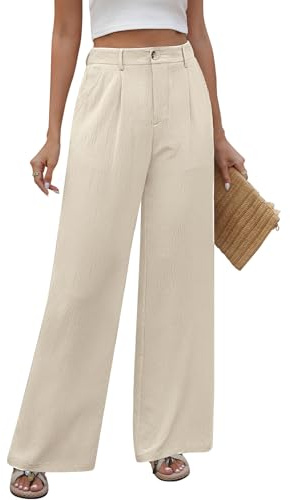 PASUDA Dam vida ben byxor sommar vardag raka ben byxor elastisk hög midja knappar upp byxor damer enfärgade loungebyxor med fickor blommig lätt lös passform, BEIgE, XL