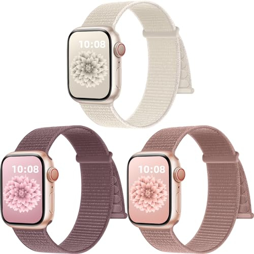 PIOWNN 3-pack nylonremmar kompatibla med Apple Watch-remmar 41mm, 40mm, 38mm för kvinnor och män, justerbart vävt sportband med kardborrefäste för iWatch-rem SE Series 9, 8, 7, 6, 5, 4, 3, 2, 1.