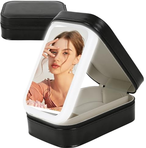 Kosmetiktasche mit Beleuchtetem Spiegel, Schminktasche Make up Tasche mit Spiegel-3 Farben LED Licht, Reise Kosmetikkoffer Organizer, Tragbare Schminkkoffer Make-up Etui mit Trennwänden (Schwarz)