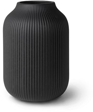 flature Keramik Vase mit Rillen – Wasserdichte Blumenvase in Schwarz Matt für Schnittblumen Trockenblumen Pampasgras, Große Vase 20cm Hoch als Geschenk Deko für Wohnzimmer Schlafzimmer Büro
