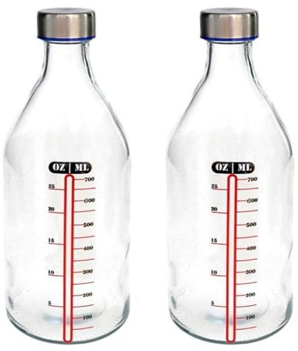 Tradineur - Pack de 2 bouteilles doseuses en verre avec bouchon en acier, ligne de mesure et fermeture à vis, pour eau, lait, smoothies, jus, extraits de légumes, sauces, réfrigérateur - 1 litre