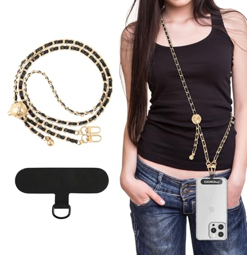 MoKo Lanière Universelle pour Téléphone, Chaîne Métallique Anti-Vol, Bandoulière Détachable pour Femmes avec Poches pour iPhone et la Plupart des Smartphones, Ajustable, Or & Noir