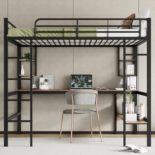 Idemon 140x200cm Bettgestell Metallbett, Eisenbett mit Schreibtisch, Hochbett mit Vier kleinen Regalen und einem großen Bücherregal für Kinder, Jugendliche und Erwachsene, schwarz