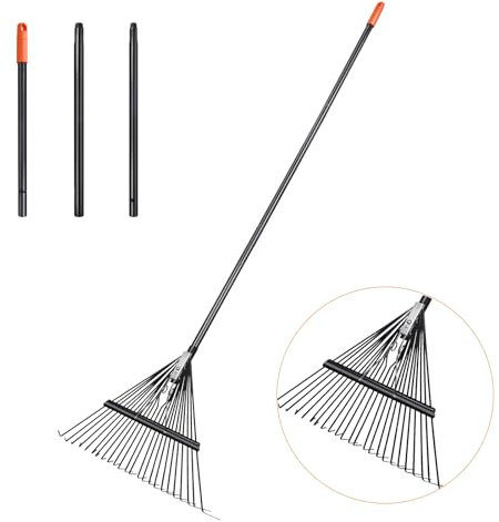 Daxguard 46 HRC Steel Gardening Leaf Rake, 24 Tines 23.2 Wide,Adjustable Split Long Handle 33-67,Suitable for Raking Leaves and Lawn Tidying,Garden rake and thatch rake Suitable for Adults