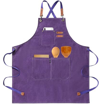 HIUOUIH Grembiule Cucina Grembiule Barbecue Uomo Regolabile Grembiule da Lavoro Donna con 3 Tasche Grembiuli in Tela Chef per Ristorante Bar Ristorante Pittura, Viola