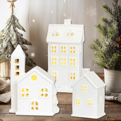 LED Lighted Christmas Village Houses - White Porcelain Town Scene Desktop Ornaments, Ceramic Holiday Farmhouse Rustic Decor for Home Table Room