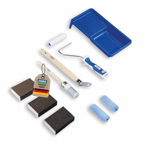 mako PROFI Lackierset 11-teilig – Komplett-Set inkl. Lackwalze, Schleifschwämme, Plattpinsel, Lackroller, Ringpinsel und Rührholz für lösemittelarme und wasserbasierte Lacke und Kreidefarben