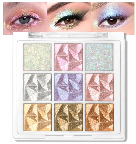 Noerrors Palette de fards à paupières pailletés, 9 couleurs de fards à paupières multichromes scintillants, illuminateur en poudre crème holographique pour les yeux et le visage, maquillage pailleté