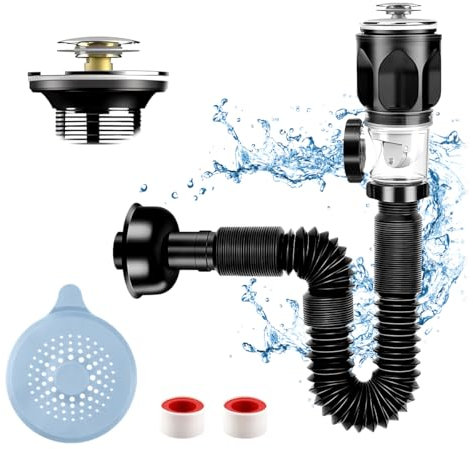 PJHAJH Tubo Desague Lavabo Flexible, Sifon Negro Extensible, Sifón Lavabo Flexible Kits, Desague Fregadero, Sifon Cocina Fregadero Antiolor Antiobstrucción Apto para Baño y Cocina