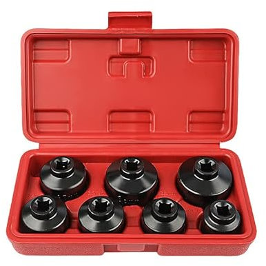 PMJMANKI 7-teiliges Ölfilterkappen-Schlüsselset, 3/8 Zoll Antrieb, metrisch 24 mm, 27 mm, 29 mm, 30 mm, 32 mm, 36 mm, 38 mm Steckschlüsselsatz für Toyota Mercedes mit Koffer